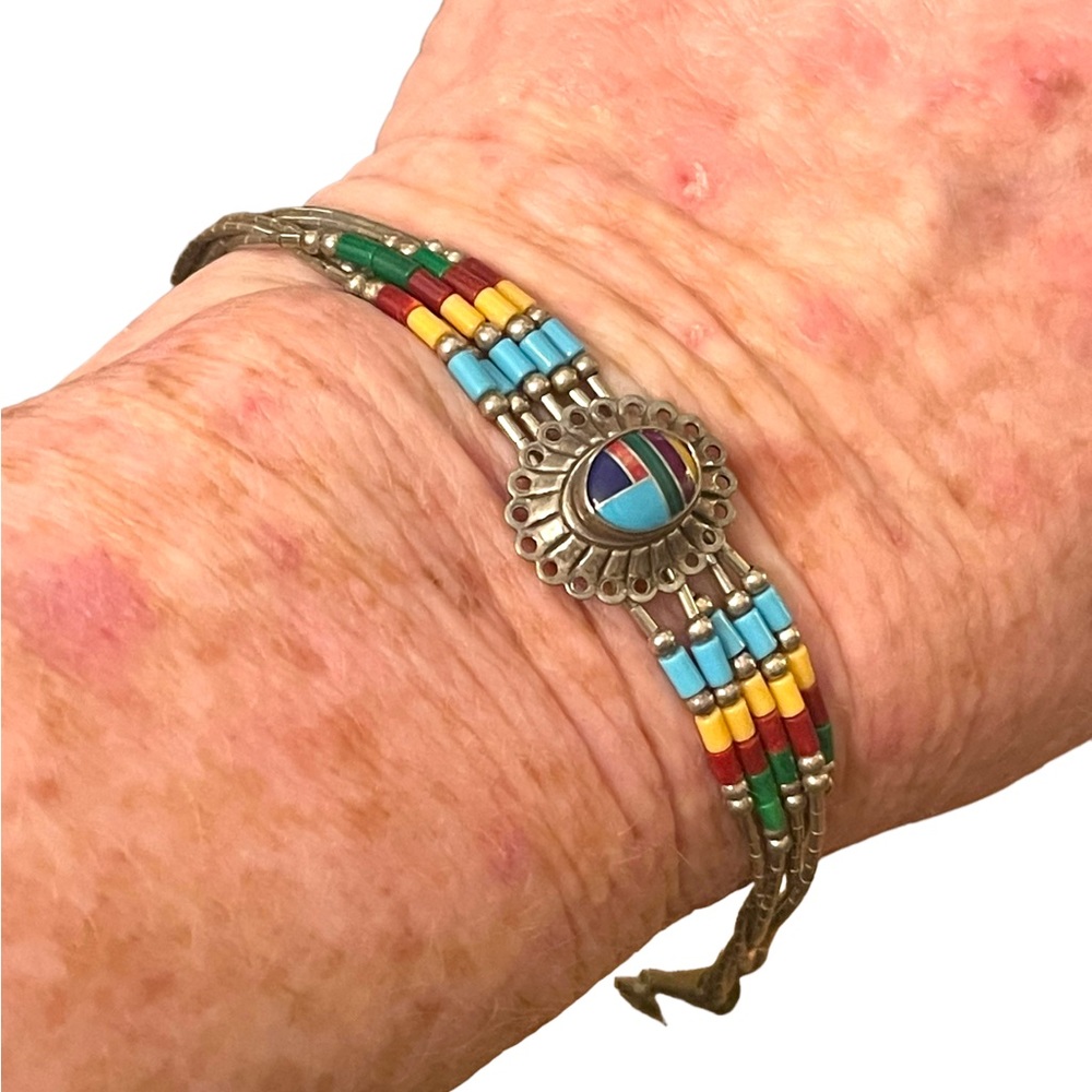Vintage Native Southwestern ZUNI Seed bead Sterling silver stone Inlay bracelet - Picture 8 of 9